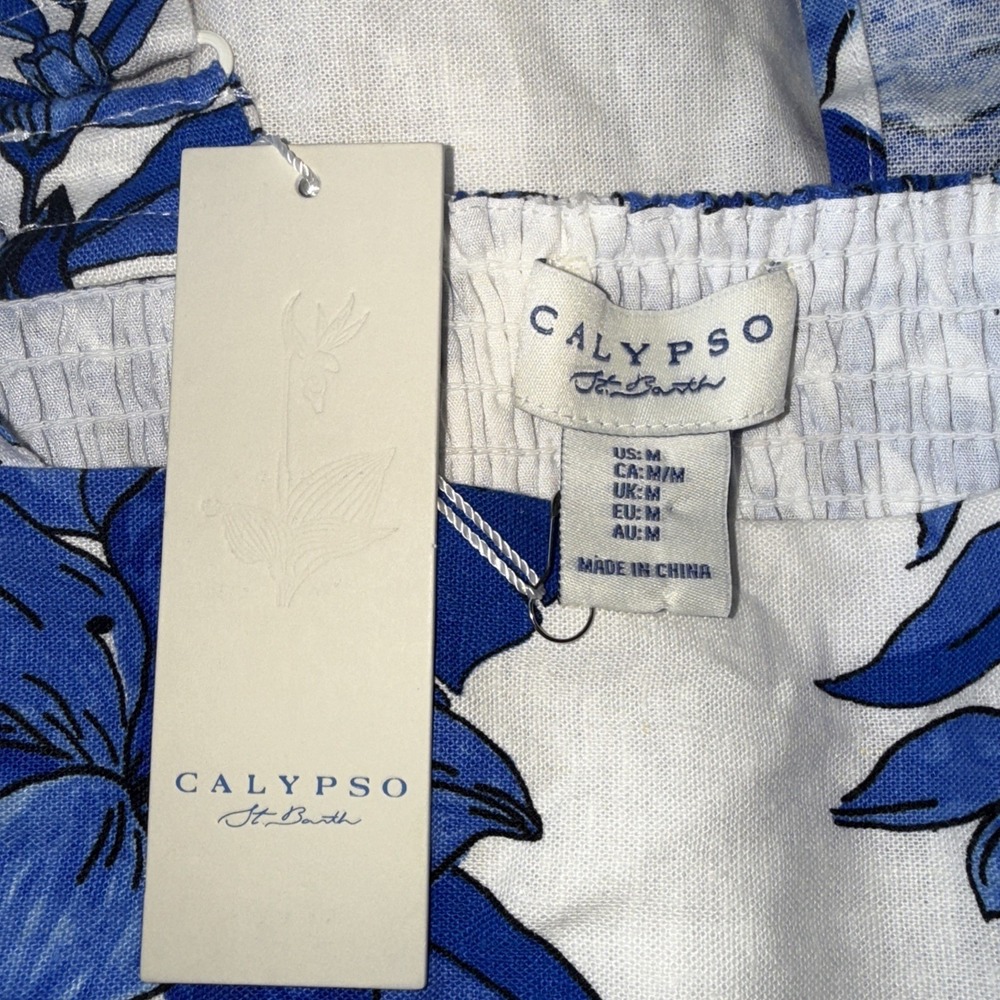 Calypso St Barth Blue White M Beaded Tie Straps Spring Wedding Guest Midi Dress - Picture 10 of 15
